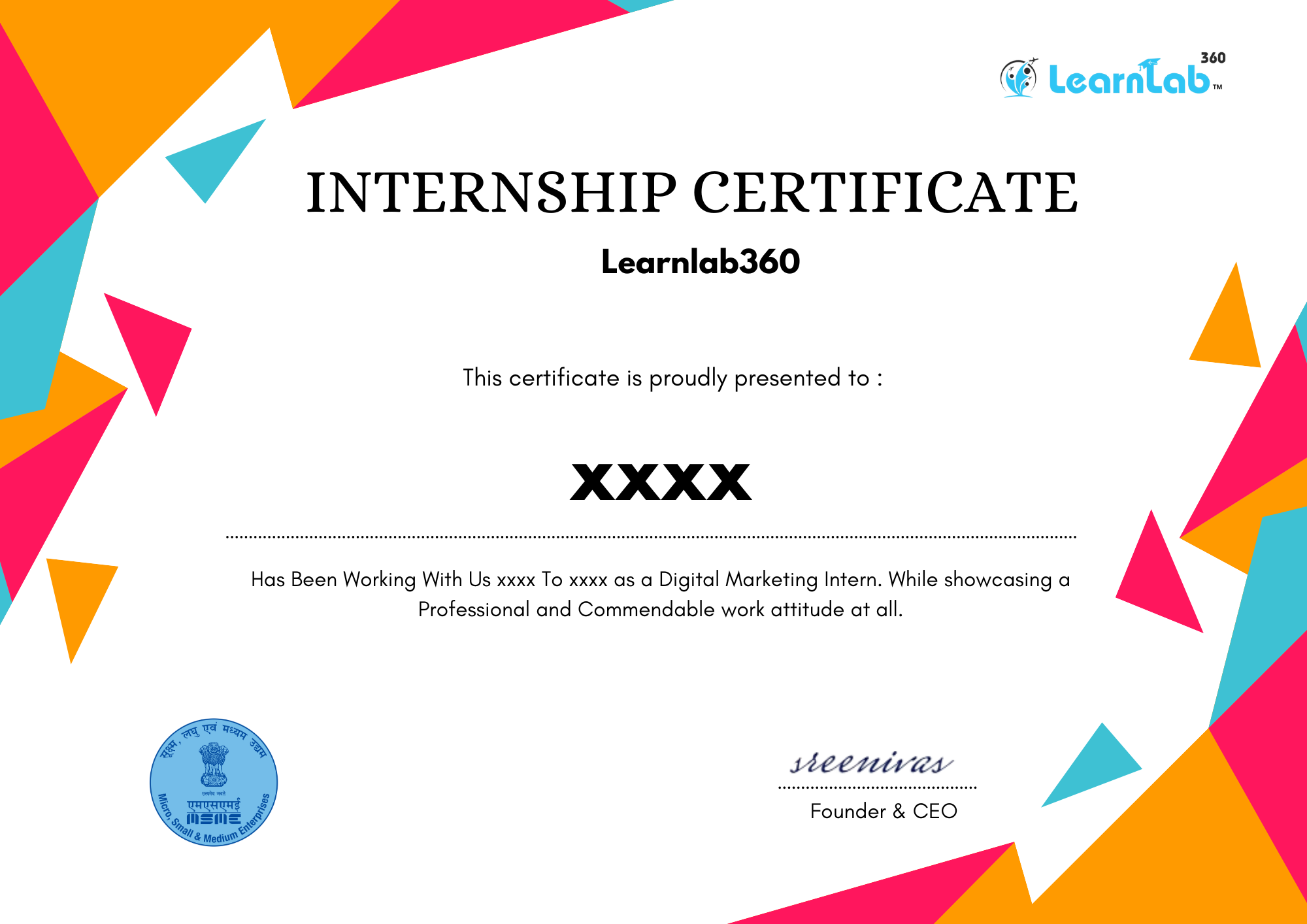 Internship Certificate best digital marketing internship by learnlab360